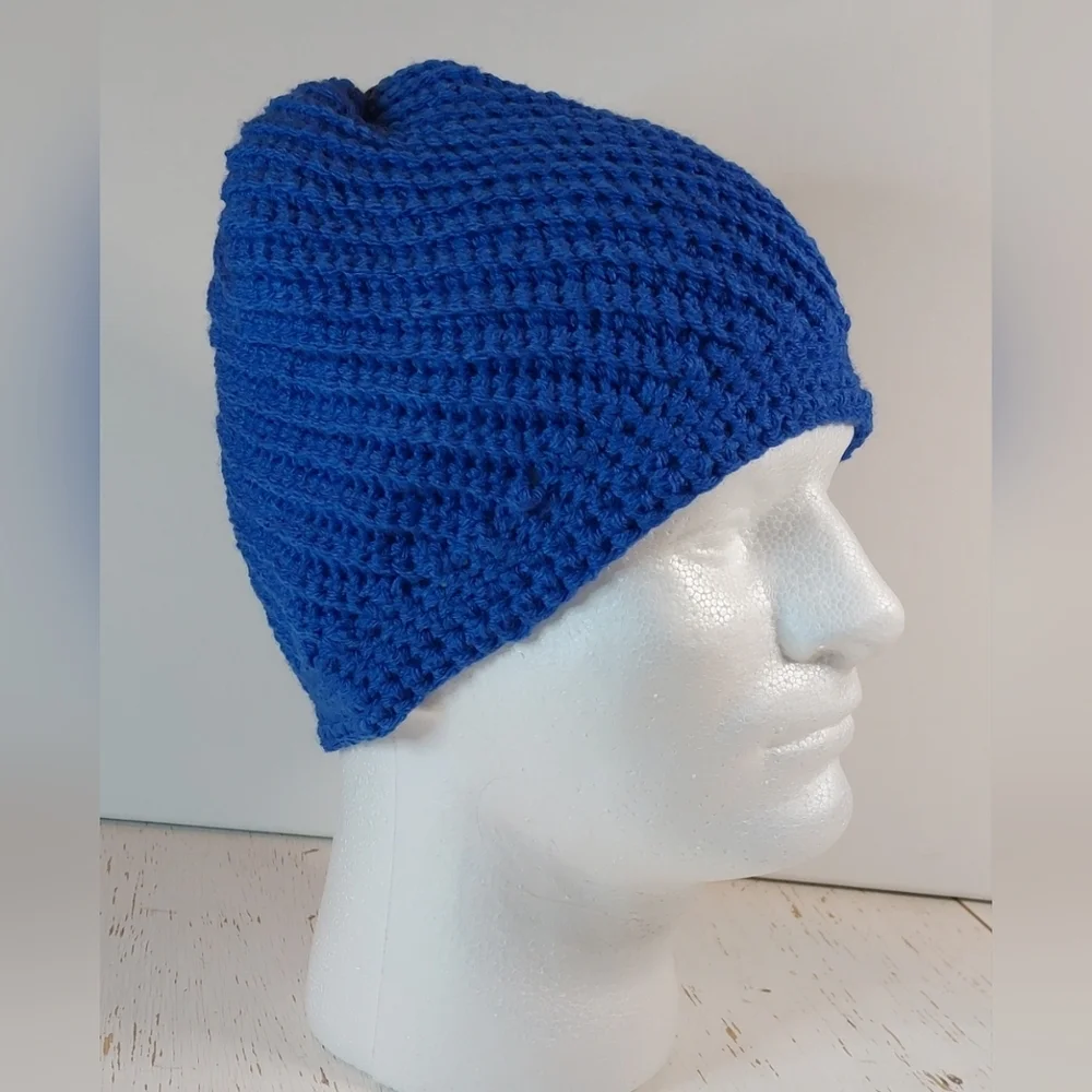 Pretty Cool Blue Adult Beanie Handmade Crochet Hat Winter Christmas Gift Warm - Picture 4 of 8